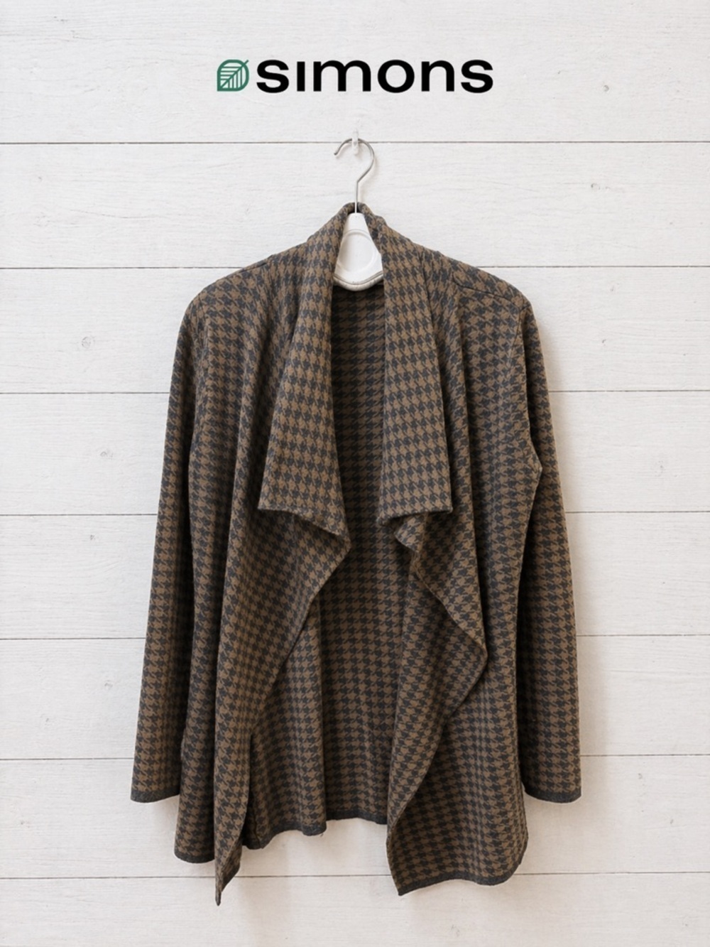 CONTEMPORAINE Brown & Grey Houndstooth Open Cardigan Large
